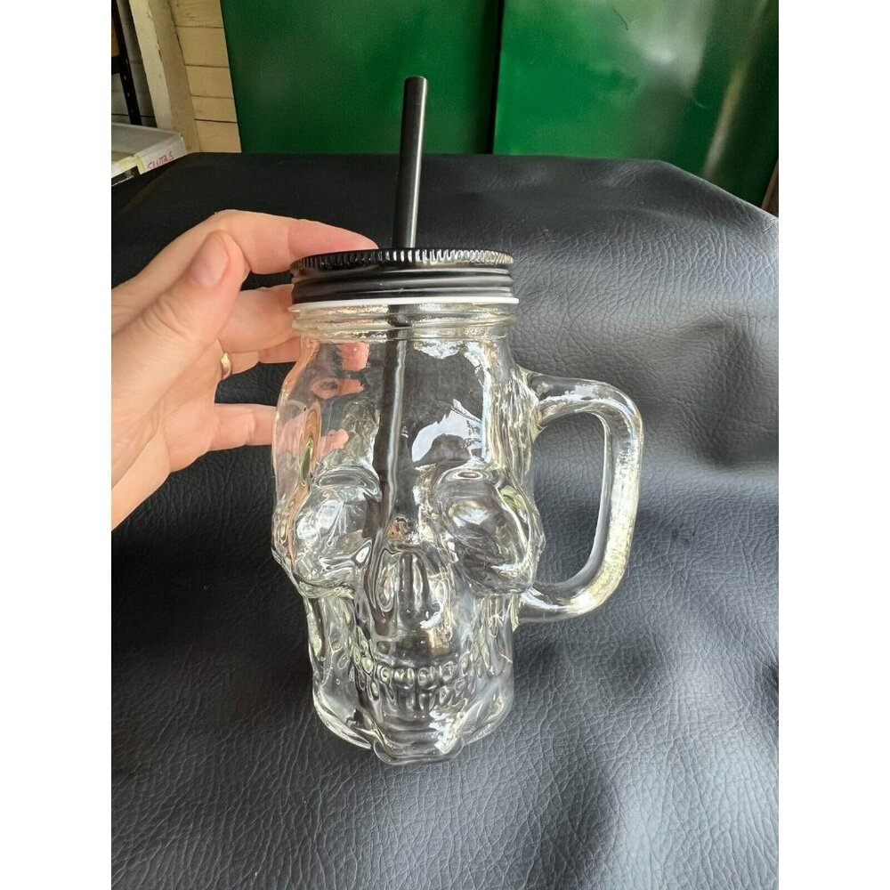 Pottery Barn Skull Glass Mugs Halloween 15 Ounce‎ Lid & Straw ~ To Go
